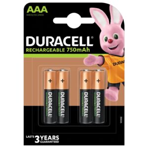 Powerful batteries that can be rehcarged up to 400 times<br/>Duracell Rechargeable batteries and chargers take your mind off battery replacement so you can focus on the finer things in life. Switch to rechargeable power and spend more time gaming or playing with your children’s favourite remote-controlled car using a powerful rechargeable battery.<br/><br/><b>Battery Size</b><br/>AAA<br/><br/><b>Battery Type</b><br/>Rechargeable<br/><br/><b>Product Family</b><br/>Recharge Plus<br/><br/><b>Pack Quantity</b><br/>4