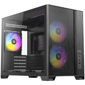 <b>Antec Flux M Mini Tower PC Case</b><br/><br/><b>Features</b><br/><br/><b>Airflow</b><br/>F-LUX Platform with vertical airflow design accelerates heat exhaust from bottom to top.<br/>Pre-installed fans include 2 x 120mm ARGB PWM fans at the front