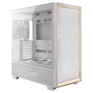 <b>FLUX Mid-Tower PC Gaming Case White/Wood</b><br/><br/><b>Innovative Design & Superior Airflow</b><br/>The <b>FLUX mid-tower case</b> by Antec is built with a cutting-edge airflow system designed to optimize cooling performance. The case features a unique combination of multi-directional vents and a large-area mesh front panel