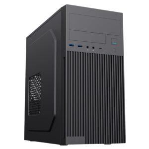 The CiT Mentor is a compact Micro-ATX business chassis designed for professional and office environments. Featuring a sleek black exterior and a distinctive ventilated front panel