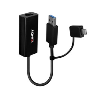 The Lindy USB 3.2 Gen 1 Gigabit Ethernet Converter allows users to conveniently connect a notebook or ultrabook to a Gigabit Ethernet network via a Type A USB or a USB Type C port.<br/><br/>This converter is ideal for ultrabooks or laptops which do not feature wired network connectivity and for locations which lack wireless connectivity or where it is unreliable or slow. It features a USB Type A as well as a USB Type C plug for connection to the host computer to cover a wide range of devices.<br/><br/>With its small size and lightweight design this USB 3.2 Gigabit Ethernet Converter is easy and convenient to carry