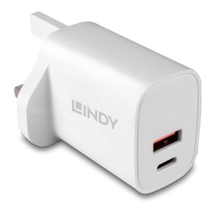 The Lindy 20W USB Type A & C Charger can charge two USB devices simultaneously. 20W Power Delivery are supported by the USB Type C port while the USB Type A port provides fast charging with up to 18W. When both ports are used in parallel a maximum power of 15W will be provided.<br/><br/>Thanks to its compact design it can easily be carried and is always available when power is needed.<br/><br/>For safe charging the device includes overvoltage