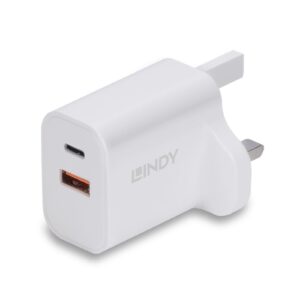 Lindy 30W USB Type A & C PD Charger can charge two devices simultaneously. 30W Power Delivery are supported by the USB Type C port while the USB Type A port provides fast charging with up to 18W. When both ports are used in parallel a maximum power of 15W will be provided.<br/><br/>Featuring both a USB Type C female and a USB Type A female port this charger is ideal for use with most popular smartphones and iOS devices. Supporting power delivery of 30W