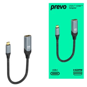 The Prevo USB-C HDMI adapter allows you to connect Computers and other compatible devices with a USB-C port directly to Displays and Monitors in up to 4K Resolution. <br/><br/>Its strong and resilient braided cable combined with aluminium alloy connectors provides up to 21.6Gbps data transfer speeds