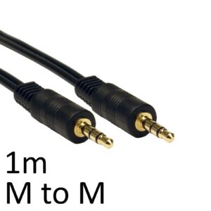 <b>Images shown are for illustration purposes only and actual product may vary</b><br/><br/>Ideal for connecting two pieces of audio equipment that have 3.5mm output on one and 3.5mm input on the other. These type of connectors can also be referred to TRS or Tip Ring Sleeve<br/><br/><b>Connection A</b><br/>3.5mm Stereo Plug (Male)<br/><br/><b>Connection B</b><br/>3.5mm Stereo Plug (Male)<br/><br/><b>Length</b><br/>1m<br/><br/><b>Colour</b><br/>Black<br/><br/><b>Packaging</b><br/>OEM