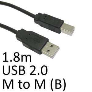 <b>Images shown are for illustration purposes only and actual product may vary</b><br/><br/>USB 2.0 A to B cable for connecting devices that have a B type receptacle. Gold flashed contacts for a higher quality finish while providing anti-corrosive properties.<br/><br/><b>Features</b><br/>- Type A Male to B Male Connectors<br/>- USB 2.0<br/>- 28/26awg<br/>- Gold Flashed Contacts and Connectors<br/><br/><b>Connection 1</b><br/>USB 2.0 Type A Male<br/><br/><b>Connection 2</b><br/>USB 2.0 Type B Male<br/><br/><b>Length</b><br/>1.8m