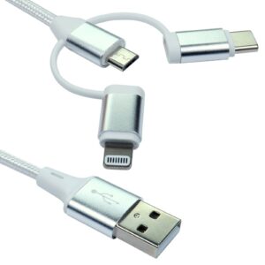 <b>NEWlink 1.2m 3-in-1 USB Charging Cable - White</b><br/>The NLMOB-913BDx cable is a 3 in 1 USB charging cable designed as a versatile power and data solution. It is specifically built to eliminate the need for multiple cables by integrating three common connector types into a single unit<br/><br/><b>Key Features</b><br/><br/><b>Connectors</b><br/>A single USB-A Plug on one end that connects to the following on the other end via attached adapters<br/><br/>USB-C<br/>Lightning<br/>Micro USB (Type B)<br/><br/><b>Power Delivery</b><br/>Supports up to 15W charging (5V