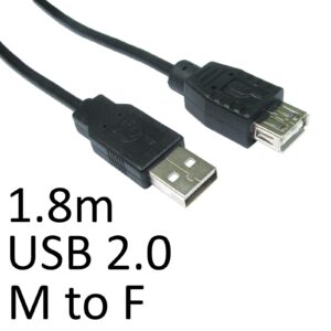 <b>Images shown are for illustration purposes only and actual product may vary</b><br/>A USB 2.0 extension cable for extending your USB devices.<br/><br/><b>Connection 1</b><br/>USB 2.0 A (M)<br/><br/><b>Connection 2</b><br/>USB 2.0 A (F)<br/><br/><b>Standard</b><br/>USB 2.0<br/><br/><b>Length</b><br/>1.8m<br/><br/><b>Colour</b><br/>Black<br/><br/><b>Addition Information</b><br/>- Nickel Connectors<br/>