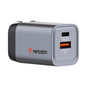 <b>Verbatim 35W 2-Port GaN Wall Charger</b><br/><br/><b>Product Details</b><br/><br/>Supports charging of up to 2 devices simultaneously with a maximum total output of 35W<br/><br/>Equipped with 1 x USB-C PD 3.0 up to 35W and 1 x USB-A QC 3.0 up to 18W<br/><br/>Integrated GaN technology provides efficient charging and generates less heat<br/><br/>Great travel companion thanks to foldable US prongs