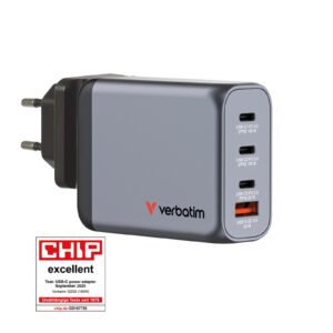 <b>Verbatim 100W 4-Port GaN Wall Charger</b><br/><br/><b>Product Details</b><br/><br/>Supports charging of up to 4 devices simultaneously with a maximum total output of 100W<br/><br/>Equipped with 2 x USB-C PD 3.0 up to 100W