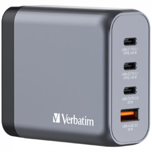 <b>Verbatim140W 4-Port GaN Wall Charger</b><br/><br/><b>Product Details</B><br/><br/>Supports charging of up to 4 devices simultaneously with a maximum total output of 140W<br/><br/>Equipped with 2 x USB-C PD 3.1 up to 140W