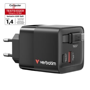 <b>Verbatim GaN Wall Charger</b><br/><br/><b>Product Details</b><br/><br/>65W GaN wall charger with retractable USB-C PD 65W cable and 2 output ports: 1 x USB-C PD 65W and 1 x USB-A QC 3.0<br/><br/>Charges 3 devices simultaneously<br/><br/>Integrated GaN technology<br/><br/>Supports super-fast charging with USB Power Delivery 3.0