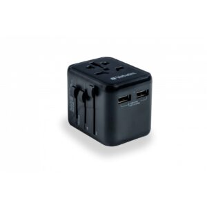 <b>Verbatim Universal Travel Adapter</b><br/><br/><b>Product Details</b><br/><br/>World-to-World adapter (suitable for more than 180 countries) – see country guide<br/><br/>2 x USB-A ports<br/><br/>Supports charging of three devices simultaneously<br/><br/>Includes spare fuse<br/><br/>Safety shutter function prevents foreign objects being inserted into the socket and to keep children safe<br/><br/>Flame resistant material<br/><br/>Compact – its small size makes it convenient to carry