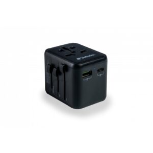 <b>Verbatim Universal Travel Adapter</b><br/><br/><b>Product Details</b><br/><br/>World-to-World adapter (suitable for more than 180 countries)* – see country guide<br/><br/>Supports PD 20W and QC 3.0<br/><br/>1 x USB-C<br/><br/>1 x USB-A<br/><br/>Supports charging of three devices simultaneously<br/><br/>Includes spare fuse<br/><br/>Safety shutter function prevents foreign objects being inserted into the socket and to keep children safe<br/><br/>Flame resistant material<br/><br/>Compact – its small size makes it convenient to carry