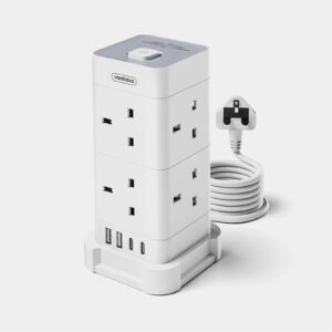<b>USB TOWER EXTENSION LEAD 2M - WHITE</b><br/>Declutter your cables and stay charged up with this 3250W tower extension lead with USB. Whether you’re working from home