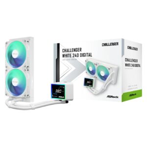 <b>ASRock Challenger 240 Digital AIO Liquid CPU Cooler - White </b><br/><br/><b>Challenger White 240 Digital</b><br/>The Challenger AIO liquid cooler embodies fearless gaming in cooling design.<br/>With a 3" digital display