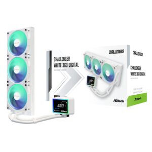 <b>ASRock Challenger 360 Digital AIO Liquid CPU Cooler - White</b><br/><br/><b>Challenger White 360 Digital</b><br/>The Challenger AIO liquid cooler embodies fearless gaming in cooling design.<br/>With a 3" digital display
