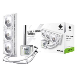 <b>ASRock Steel Legend 360 LCDAIO Liquid Cooler - White </b><br/><br/><b>Steel Legend 360 LCD</b><br/>Steel Legend stands for uncompromising strength and enduring reliability.<br/>With industrial-grade dual-ball bearings and aerospace-grade LCP fan blades