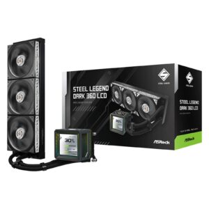<b>ASRock Steel Legend 360 LCDAIO Liquid Cooler </b><br/><br/><b>Steel Legend 360 LCD</b><br/>Steel Legend stands for uncompromising strength and enduring reliability.<br/>With industrial-grade dual-ball bearings and aerospace-grade LCP fan blades