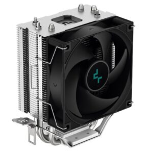 <B>AG300</B><br/>Single-Tower CPU Cooler<br/>The AG300 is a compact single-tower CPU cooler representing a new generation update from the classic GAMMAXX basic coolers with upgraded appearance and efficiency at 150W heat dissipation power.<br/><br/><B>EFFICIENT COOLING POWER</B><br/>Three direct contact copper heat pipes effectively transfer heat for optimal dissipation through the heat sink tower. The 92mm PWM fan outputs balanced airflow for performance and silence.<br/><br/><B>NEW FAMILY APPEARANCE</B><br/>The AG300 adopts a new DeepCool family design and features a unique matrix fin array that densely packs each fin for a neat and firm construction. The nickel plated heat pipes provide extra protection against copper corrosion.<br/><br/><B>EASY INSTALLATION</B><br/>Compatible with multiple socket platforms from Intel and AMD with support for the latest changes. Ensure a proper mount pressure with the included brackets for a seamless installation.<br/><br/><B>Application For</B><br/>Intel: LGA1700 / 1200 / 1151 / 1150 / 1155 / 1851<br/>AMD: AM5 / AM4<br/><br/><B>Product Dimensions</B><br/>119 x 77 x 129 mm<br/><br/><B>Heatsink Dimensions</B><br/>94 x 57 x 129 mm<br/><br/><B>Net Weight</B><br/>350g<br/><br/><B>Heatpipe</B><br/>6 mm x 3 pcs<br/><br/><B>Fan Dimensions</B><br/>92 x 92 x 25 mm<br/><br/><B>Fan Speed</B><br/>500~3050 RPM ± 10%<br/><br/><B>Fan Airflow</B><br/>36.75 CFM<br/><br/><B>Fan Air Pressure</B><br/>2.89 mmAq<br/><br/><B>Fan Noise</B><br/>=30.5 dB(A)<br/><br/><B>Fan Connector</B><br/>4-pin PWM<br/><br/><B>Bearing Type</B><br/>Hydro Bearing<br/><br/><B>Fan Rated Voltage</B><br/>12 VDC<br/><br/><B>Fan Rated Current</B><br/>0.13 A<br/><br/><B>Fan Power Consumption</B><br/>1.56 W