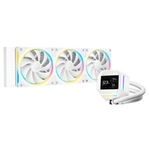 The DeepCool LM360 White is a premium all-in-one liquid CPU cooler designed for high-performance gaming PCs and workstations that demand strong cooling and a clean white aesthetic. Featuring a large 360 mm aluminium radiator and three 120 mm FL12 SE white fans