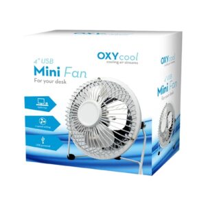 <b>Oxy Cool 4" USB Mini Desk Fan</b><br/><br/>The Oxy Cool USB Mini Fan is a miniature design that's ideal for keeping cool in the office and stuffy environments. With 115cm USB type A cable