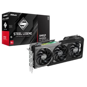 <b>ASRock AMD Radeon RX 9070 XT Steel Legend Dark 16GB</b><br/><br/><b>Key Features</b><br/>Polychrome SYNC<br/>Triple Fan Design<br/>Stylish Metal Backplate<br/>Striped Ring Fan<br/>Reinforced Metal Frame<br/>Air Deflecting Fin<br/>Ultra-fit Heatpipe<br/>Super Alloy Graphics Card<br/><br/><b>Clock: GPU / Memory</b><br/>Boost Clock**: Up to 2970 MHz / 20 Gbps<br/>Game Clock*: 2400 MHz / 20 Gbps<br/><br/><b>Specifications</b><br/><br/><b>Graphics Engine</b><br/>AMD Radeon RX 9070 XT<br/><br/><b>Bus Standard</b><br/>PCI Express5.0 x16<br/><br/><b>DirectX</b><br/>12 Ultimate<br/><br/><b>OpenGL</b><br/>4.6<br/><br/><b>Memory</b><br/>16GB GDDR6<br/><br/><b>Engine Clock</b><br/>Boost Clock: Up to 2970 MHz<br/>Game Clock: 2400 MHz<br/><br/><b>Stream Processors</b><br/>4096<br/><br/><b>Memory Clock</b><br/>20 Gbps<br/><br/><b>Memory Interface</b><br/>256-bit<br/><br/><b>Resolution</b><br/>Digital Max Resolution: 7680 x 4320<br/><br/><b>Interface</b><br/>1 x HDMI 2.1b<br/>3 x DisplayPort 2.1a<br/><br/><b>HDCP</b><br/>Yes<br/><br/><b>Multi-view</b><br/>4<br/><br/><b>Recommended PSU</b><br/>800W<br/><br/><b>Power Connector</b><br/>2 x 8pin<br/><br/><b>Accessories</b><br/>1 x Quick Installation Guide<br/><br/><b>Dimensions</b><br/>298 x 131 x 58mm