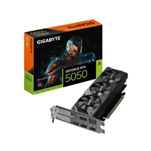 <b> Gigabyte GeForce RTX 5050 OC Low Profile 8G</b><br/><br/><b> Features</b><br/><br/>Powered by the NVIDIA Blackwell architecture and DLSS 4<br/>Powered by GeForce RTX 5050<br/>Integrated with 8GB GDDR6 128bit memory interface<br/>Low Profile Design with 182mm card length<br/>Server-grade Thermal conductive gel<br/>Graphene Nano Lubricant<br/>Supports up to 4 displays<br/>CORE CLOCK- 2587 MHz (Reference card : 2572MHz)<br/><br/><b>The Ultimate Platform for Gamers and Creators</b><br/><br/><b>Fifth-Gen Tensor Cores</b><br/>Max AI performance with FP4 and DLSS 4<br/><br/><b>New Streaming Multiprocessors</b><br/>Optimized for neural shaders<br/><br/><b>Fourth-Gen Ray Tracing Cores</b><br/>Built for Mega Geometry<br/><br/><b>GIGABYTE CUSTOM-DESIGNED COOLING SYSTEM</b><br/>GIGABYTE's custom-designed cooling system ensures efficient heat dissipation