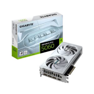 <b>GeForce RTX 5060 EAGLE OC ICE 8G</b><br/><br/><b>FEATURES</b><br/><br/> Powered by the NVIDIA Blackwell architecture and DLSS 4<br/> Powered by GeForce RTX 5060<br/> Integrated with 8GB GDDR7 128bit memory interface<br/> WINDFORCE cooling system<br/> Hawk fan<br/> Server-grade Thermal conductive gel<br/> Reinforced structure<br/><br/><b>CORE CLOCK</b><br/>2550 MHz (Reference card : 2497MHz)<br/><br/><b>Graphics Processing</b><br/>GeForce RTX 5060<br/><br/><b>Core Clock</b><br/>2550 MHz (Reference card : 2497MHz)<br/><br/><b>CUDA Cores</b><br/>3840<br/><br/><b>Memory Clock</b><br/>28 Gbps<br/><br/><b>Memory Size</b><br/>8 GB<br/><br/><b>Memory Type</b><br/>GDDR7<br/><br/><b>Memory Bus</b><br/>128 bit<br/><br/><b>Card Bus</b><br/>PCI-E 5.0<br/><br/><b>Digital max resolution</b><br/>7680x4320<br/><br/><b>Multi-view</b><br/>4<br/><br/><b>Card size</b><br/>L=208 W=120 H=40<br/><br/><b>PCB Form</b><br/>ATX<br/><br/><b>DirectX</b><br/>DirectX 12 API<br/><br/><b>OpenGL</b><br/>4.6<br/><br/><b>Recommended PSU</b><br/>450W<br/><br/><b>Power Connectors</b><br/>8 Pin*1<br/><br/><b>Output</b><br/>DisplayPort 2.1b *3<br/>HDMI 2.1b *1<br/><br/><b>Accessories</b><br/>Quick guide
