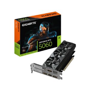 <b>GeForce RTX 5060 OC Low Profile 8G</b><br/><br/><b>FEATURES</b><br/>Powered by the NVIDIA Blackwell architecture and DLSS 4<br/>Powered by GeForce RTX 5060<br/>Integrated with 8GB GDDR7 128 bit memory interface<br/>Low Profile Design with 182mm card length<br/>Server-grade Thermal conductive gel<br/>Graphene Nano Lubricant<br/>Supports up to 4 displays<br/><br/><b>CORE CLOCK</b><br/>2512 MHz (Reference card : 2497MHz)<br/><br/><b>Graphics Processing</b><br/>GeForce RTX 5060<br/><br/><b>Core Clock</b><br/>2512 MHz (Reference card : 2497MHz)<br/><br/><b>CUDA Cores</b><br/>3840<br/><br/><b>Memory Clock</b><br/>28 Gbps<br/><br/><b>Memory Size</b><br/>8 GB<br/><br/><b>Memory Type</b><br/>GDDR7<br/><br/><b>Memory Bus</b><br/>128 bit<br/><br/><b>Card Bus</b><br/>PCI-E 5.0<br/><br/><b>Digital max resolution</b><br/>7680x4320<br/><br/><b>Multi-view</b><br/>4<br/><br/><b>Card size</b><br/>L=182 W=69 H=36<br/><br/><b>PCB Form</b><br/>ATX<br/><br/><b>DirectX</b><br/>DirectX 12 API<br/><br/><b>OpenGL</b><br/>4.6<br/><br/><b>Recommended PSU</b><br/>450W<br/><br/><b>Power Connectors</b><br/>8 Pin*1<br/><br/><b>Output</b><br/>DisplayPort 2.1b *2<br/>DisplayPort 1.4a *1<br/>HDMI 2.1b *1<br/><br/><b>Accessories</b><br/>1. Quick guide<br/>2. Low Profile Bracket<br/><br/>