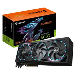 <b>AORUS GeForce RTX 5080 MASTER 16G</b><br/><br/><b>FEATURES</b><br/> Powered by the NVIDIA Blackwell architecture and DLSS 4<br/> Powered by GeForce RTX 5080<br/> Integrated with 16GB GDDR7 256bit memory interface<br/> WINDFORCE cooling system<br/> Hawk fan<br/> Composite metal grease for GPU<br/> Server-grade Thermal conductive gel<br/> LCD Edge View<br/> RGB Halo<br/> Dual BIOS (Performance / Silent)<br/> Reinforced structure<br/> Versatile VGA holder<br/> 4 Years Warranty (Online registration required)<br/><br/><b>SPECIFICATION</b><br/><br/><b>Graphics Processing</b><br/>GeForce RTX 5080<br/><br/><b>Core Clock</b><br/>2805 MHz (Reference: 2617 MHz)<br/><br/><b>CUDA Cores</b><br/>10752<br/><br/><b>Memory Clock</b><br/>30 Gbps<br/><br/><b>Memory Size</b><br/>16GB<br/><br/><b>Memory Type</b><br/>GDDR7<br/><br/><b>Memory Bus</b><br/>256 bit<br/><br/><b>Card Bus</b><br/>PCI-E 5.0<br/><br/><b>Digital Max Resolution</b><br/>7680 x 4320<br/><br/><b>Multi-View</b><br/>4<br/><br/><b>Card Size</b><br/>L=360 W=150 H=75 mm<br/><br/><b>PCB Form</b><br/>ATX<br/><br/><b>DirectX</b><br/>DirectX 12 API<br/><br/><b>OpenGL</b><br/>OpenGL 4.6<br/><br/><b>Recommended PSU</b><br/>850W<br/><br/><b>Power Connectors</b><br/>16 pin x 1<br/><br/><b>Output</b><br/>DisplayPort 2.1a x 3<br/>HDMI 2.1b x 1<br/><br/><b>Accessories</b><br/>VGA manual<br/>Warranty notice<br/>1 x 12V-2x6 to 3x PCIe 8pin adapter<br/>AORUS identity stickers<br/>Versatile VGA holder<br/>Versatile VGA holder manual<br/>Screen cooling plus RGB fan