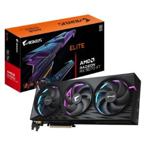 <b>AORUS Radeon RX 9070 XT ELITE 16G</b><br/><br/><b>FEATURES</b><br/>Powered by Radeon RX 9070 XT<br/>Integrated with 16GB GDDR6 256bit memory interface<br/>WINDFORCE cooling system<br/>Hawk fan<br/>Server-grade Thermal conductive gel<br/>RGB Halo<br/>Dual BIOS (Performance / Silent)<br/>Reinforced structure<br/>Versatile VGA holder<br/>4 years warranty (Online registration required)<br/><br/><b>CORE CLOCK</b><br/>2570 MHz<br/><br/><b>SPECIFICATION</b><br/><br/><b>Graphics Processing</b><br/>Radeon RX 9070 XT<br/><br/><b>Core Clock</b><br/>2570 MHz<br/><br/><b>Boost Clock</b><br/>3100 MHz<br/><br/><b>Stream Processors</b><br/>4096<br/><br/><b>Memory Clock</b><br/>20 Gbps<br/><br/><b>Memory Size</b><br/>16GB<br/><br/><b>Memory Type</b><br/>GDDR6<br/><br/><b>Memory Bus</b><br/>256 bit<br/><br/><b>Card Bus</b><br/>PCI-E 5.0<br/><br/><b>Digital Max Resolution</b><br/>7680x4320<br/><br/><b>Multi-View</b><br/>4<br/><br/><b>Card Size</b><br/>L=339 W=136 H=59 mm<br/><br/><b>PCB Form</b><br/>ATX<br/><br/><b>DirectX</b><br/>DirectX 12 API<br/><br/><b>OpenGL</b><br/>4.6<br/><br/><b>Recommended PSU</b><br/>850W<br/><br/><b>Power Connectors</b><br/>8 pin x 3<br/><br/><b>Output</b><br/>DisplayPort 2.1a x 2<br/>HDMI 2.1b x 2<br/><br/><b>Accessories</b><br/>Quick guide<br/>Warranty registration<br/>AORUS metal sticker<br/>Versatile VGA holder<br/>Versatile VGA holder manual<br/>