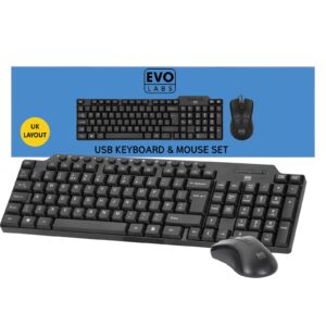 <b>Evo Labs</b><br/>CM-501UK<br/>USB Wired Desktop Keyboard & Mouse Set<br/><br/>- Keyboard with full size and classic key layout for comfortable typing.<br/>- Plug and Play - No Drivers Required<br/><br/><b>KEYBOARD SPECIFICATIONS</B><br/><br/><b>Design</b><br/>Home or Business<br/><br/><b>Style</b><br/>Full Size Wired with Numberpad<br/><br/><b>Interface</b><br/>USB<br/><br/><b>Multimedia</b><br/>Yes<br/><br/><b>Layout</b><br/>UK - QWERTY<br/><br/><b>Colour</b><br/>Black<br/><br/><b>Back Light</b><br/>No<br/><br/><b>Compatibility</b><br/>Windows 10 / 11<br/><br/><b>System Requirements</b><br/>USB Port<br/>Windows OS<br/><br/><br/><b>MOUSE SPECIFICATIONS</B><br/><br/><b>Design</b><br/>Home or Business<br/><br/><b>Connection</b><br/>USB<br/><br/><b>Cable Length</b><br/>1.1m<br/><br/><b>Sensor</b><br/>Optical<br/><br/><b>Resolution</b><br/>Variable<br/><br/><b>Number of Buttons</b><br/>3 (left