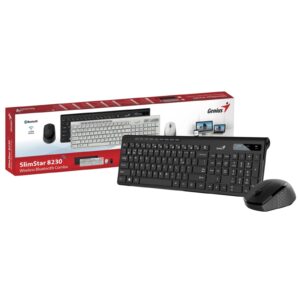 The Genius SlimStar 8230 wireless keyboard and mouse are dual mode with Bluetooth 5.3 and 2.4GHz technology for hybrid work on multiple devices simultaneously. People enjoy the convenience of desktop typing and connect up to two Bluetooth and one 2.4GHz wireless devices between your computer