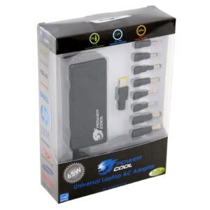 Powercool 65w Universal Laptop power supply with 8 interchangable tips and worldwide Autoswitching voltage<br/><ul><br/><b>Key Features</b><br/><br/>Input: 100~240V AC 50-60Hz.<br/>Output: DC voltages: 18-20V.<br/>Output power: up to 65 W.<br/>Unit Dimensions: 50mm x 114mm x 32mm (W x H x D)<br/>Net Weight: appr.260 g<br/><br/><b>Electrical</b><br/>Dielectric Strength: 3300V AC Primary to Secondary<br/>Insulation Resistance: 500V DC