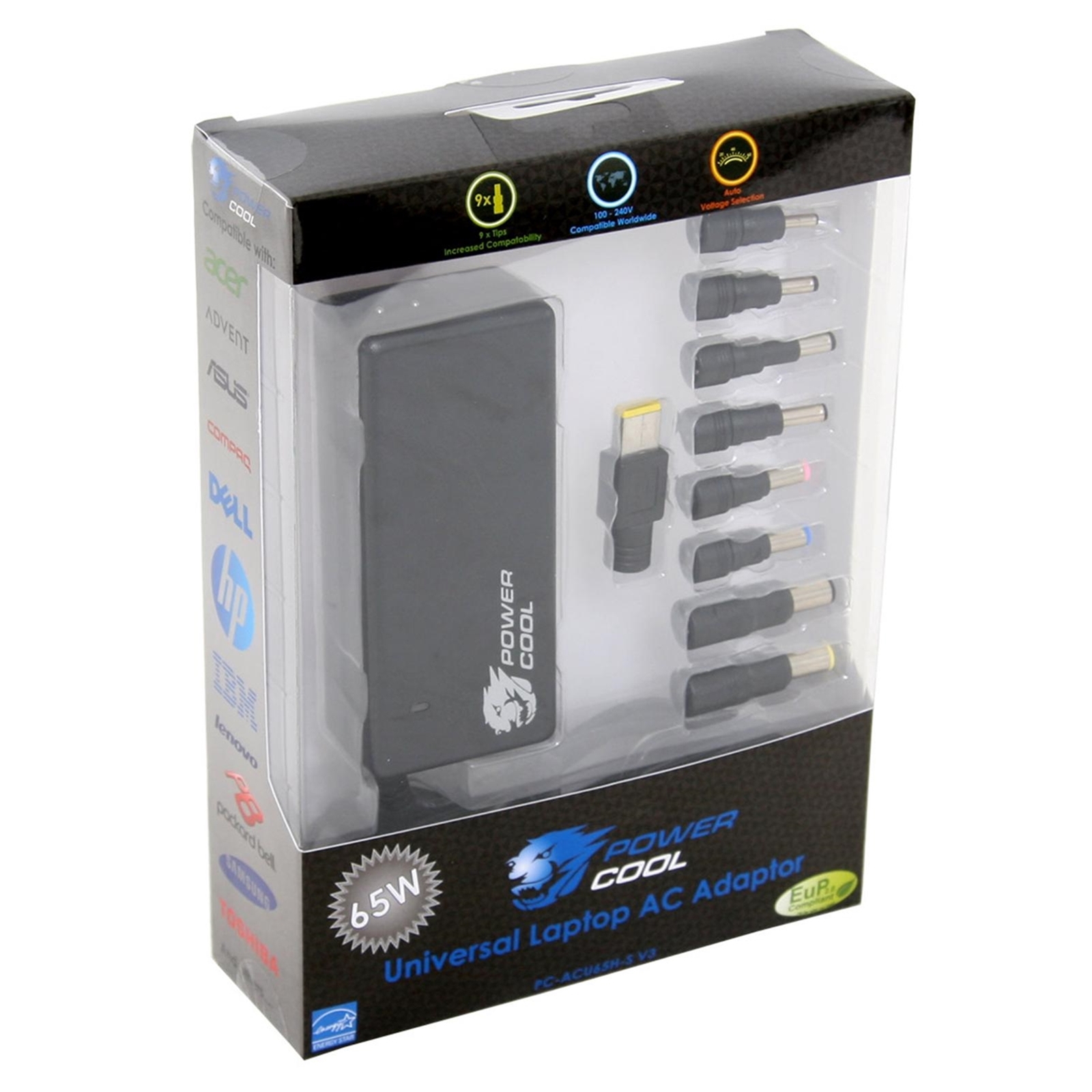 Powercool 65w Universal Laptop power supply with 8 interchangable tips and worldwide Autoswitching voltageKey FeaturesInput: 100~240V AC 50-60Hz.Output: DC voltages: 18-20V.Output power: up to 65 W.Unit Dimensions: 50mm x 114mm x 32mm (W x H x D)Net Weight: appr.260 gElectricalDielectric Strength: 3300V AC Primary to SecondaryInsulation Resistance: 500V DC